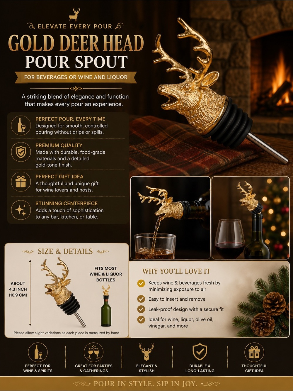 Gold Deer Head Pour Spout for Beverages or Wine and Liquor